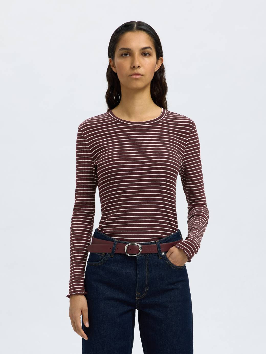 Selected Femme Anna Long Sleeve Crew Neck Tee Fig with Snow White Stripes