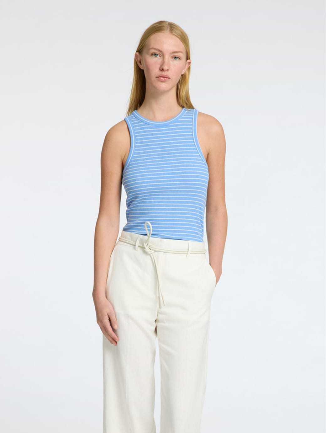 Selected Femme Anna O-neck Striped Tank Top Cornflower Blue/Snow White