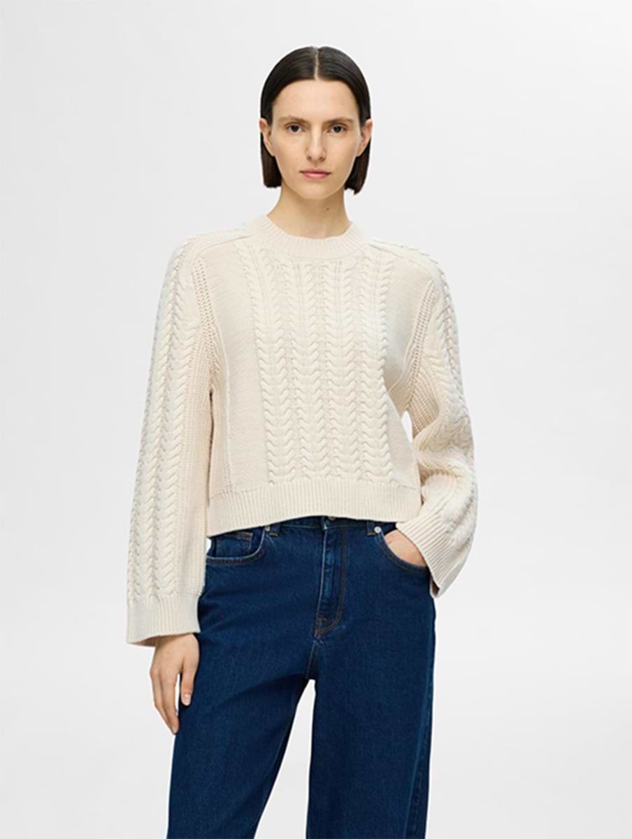 Selected Femme Birte Cable Cropped Knitted Pullover Birch