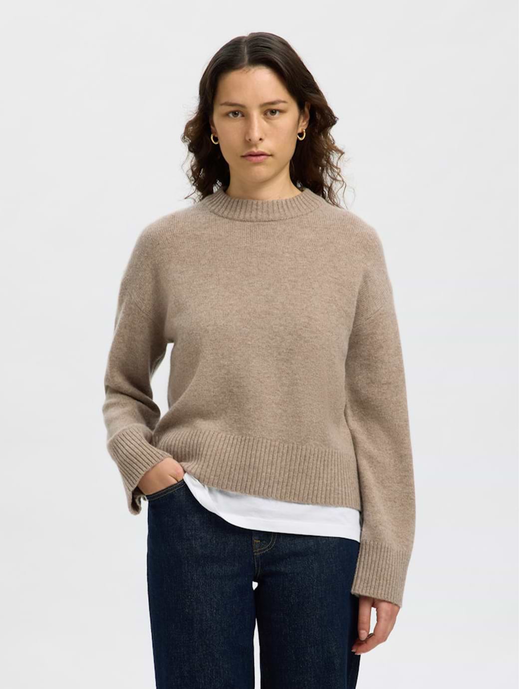 Selected Femme Cille Cashmere Blend Long Sleeve O-Neck Knit Pullover Irish Cream