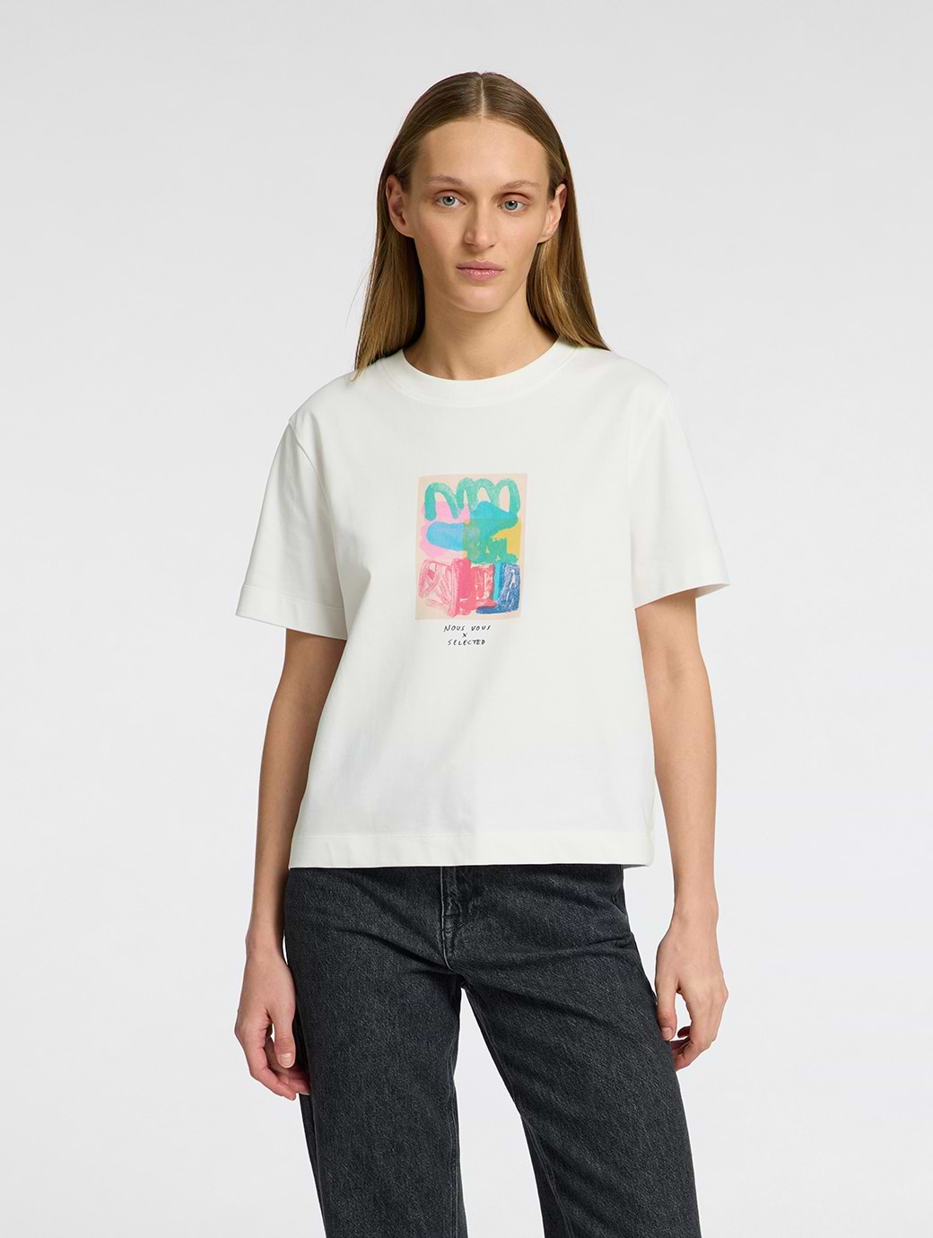 Selected Femme Essential Short Sleeve Boxy Printed Tee Snow White Multi