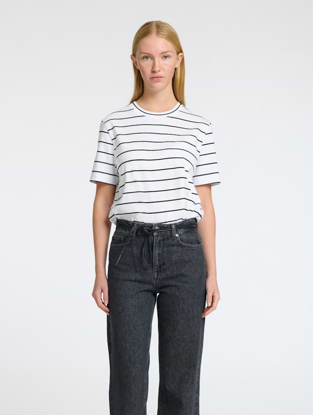 Selected Femme Essential Short Sleeve Striped Boxy Tee Bright White/Black