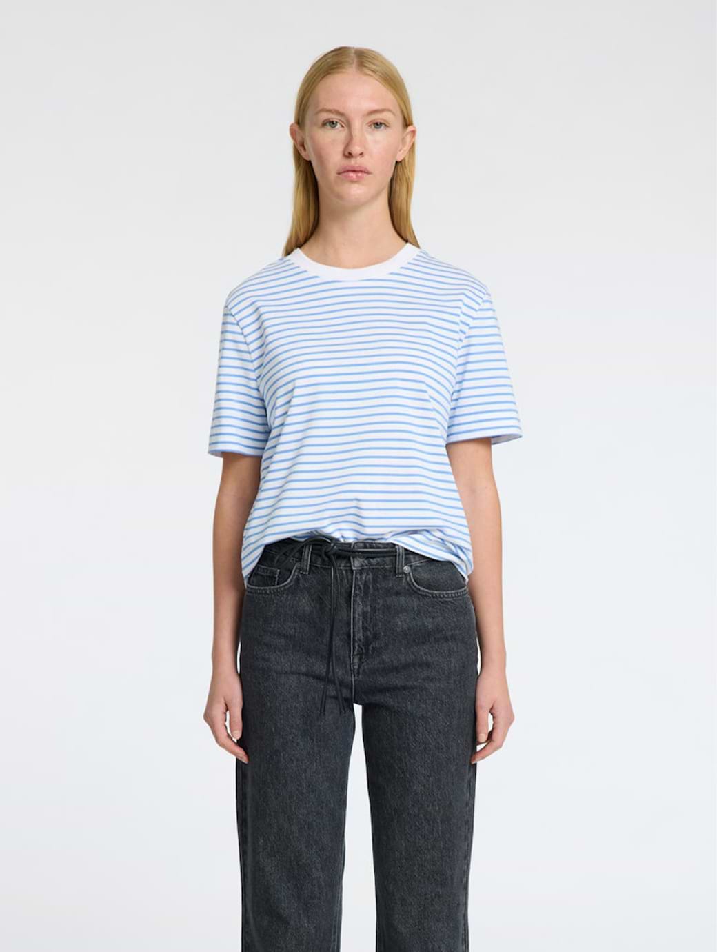 Selected Femme Essential Short Sleeve Striped Boxy Tee Cornflower Blue/Bright White