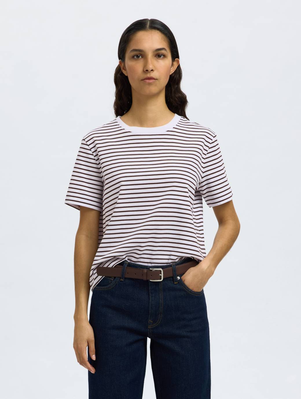 Selected Femme Essential Short Sleeve Striped Boxy Tee Delicioso/Bright White