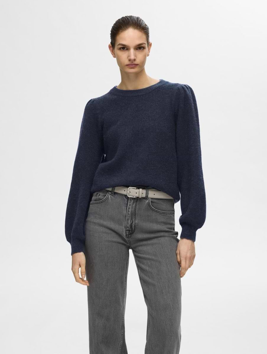 Selected Femme Lulu Long Sleeve Knit Rib O-Neck Pullover Dark Sapphire