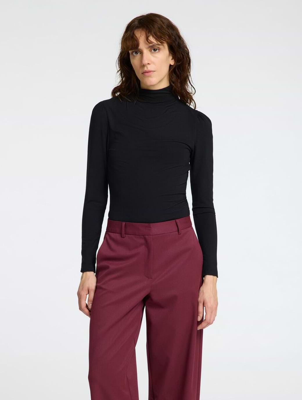 Selected Femme Manja Long Sleeve Drapey High Neck Top Black 