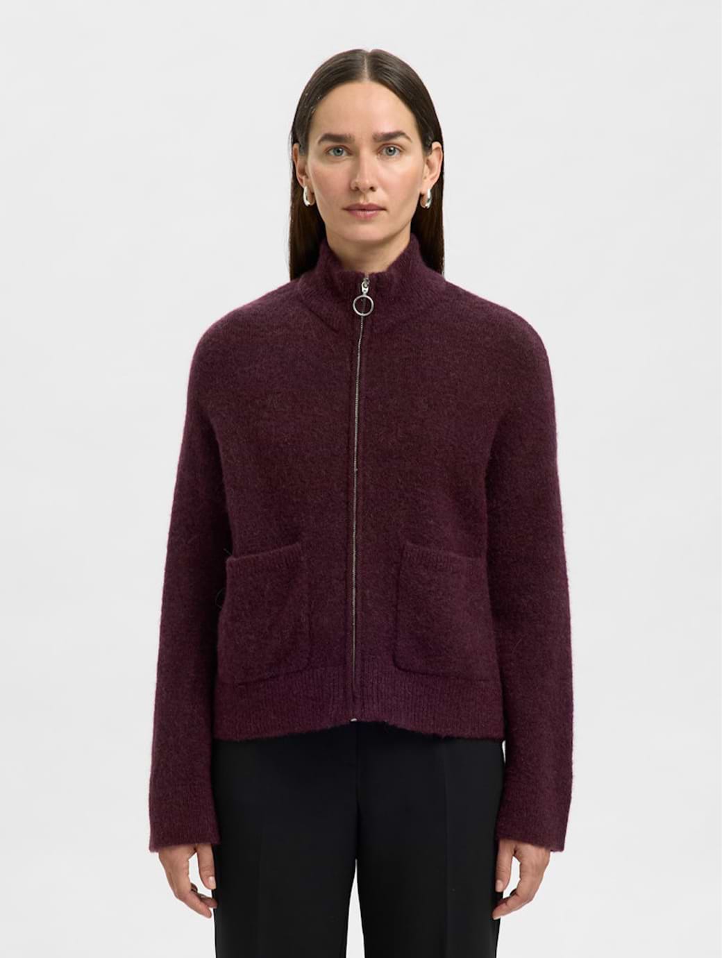 Selected Femme Sia Ras Long Sleeve Knit Zipper Cardigan Fig Melange