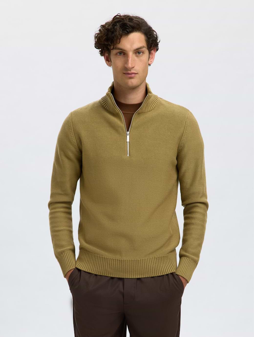 Selected Home Axel Long Sleeve Half Zip Knit Dried Herb