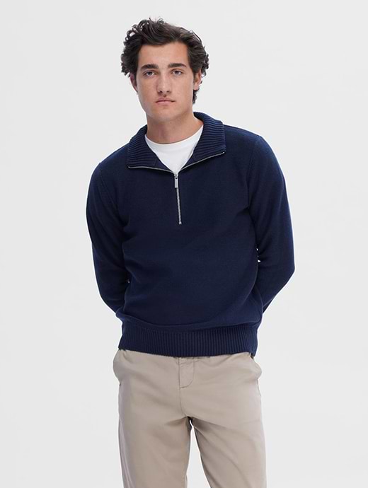 Selected Homme Axel Long Sleeve Knit Half Zip Pullover Sky Captain