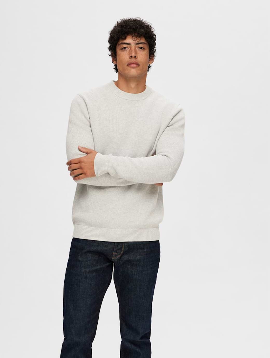 Selected Homme Dane Long Sleeve Knit Structure Crew Neck Pullover Light Grey Melange