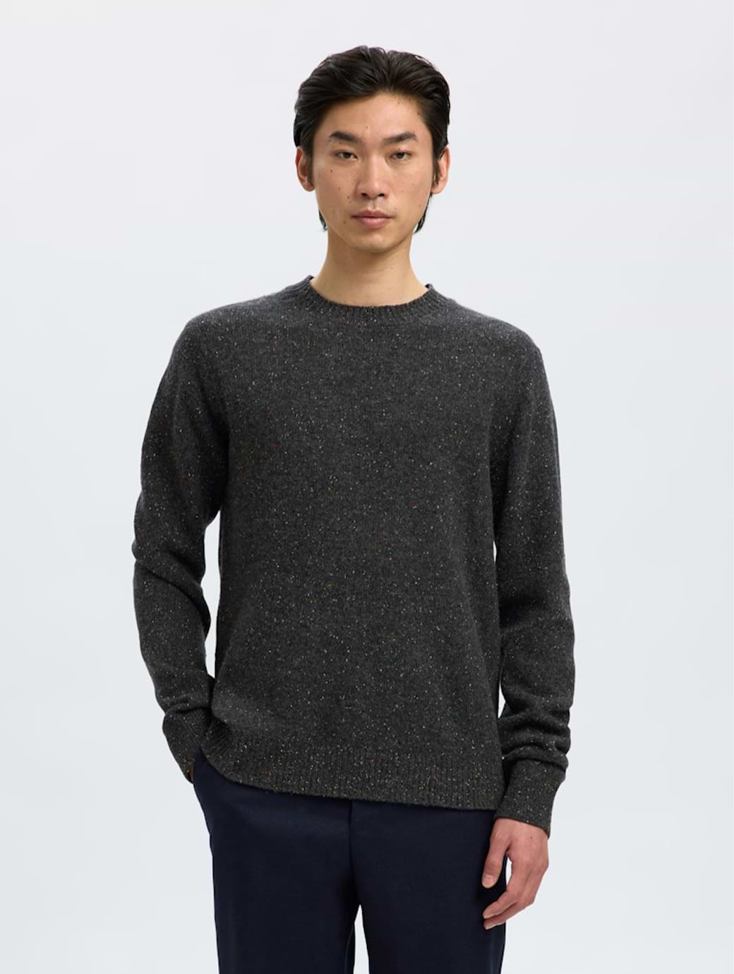 Selected Homme Neil Long Sleeve Neps Crew Neck Knit Dark Grey Melange