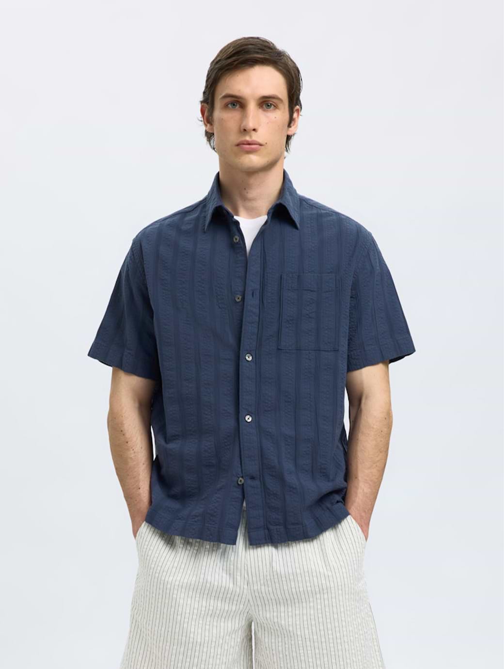 Selected Homme Silas Seersucker Short Sleeve Shirt Sky Captain