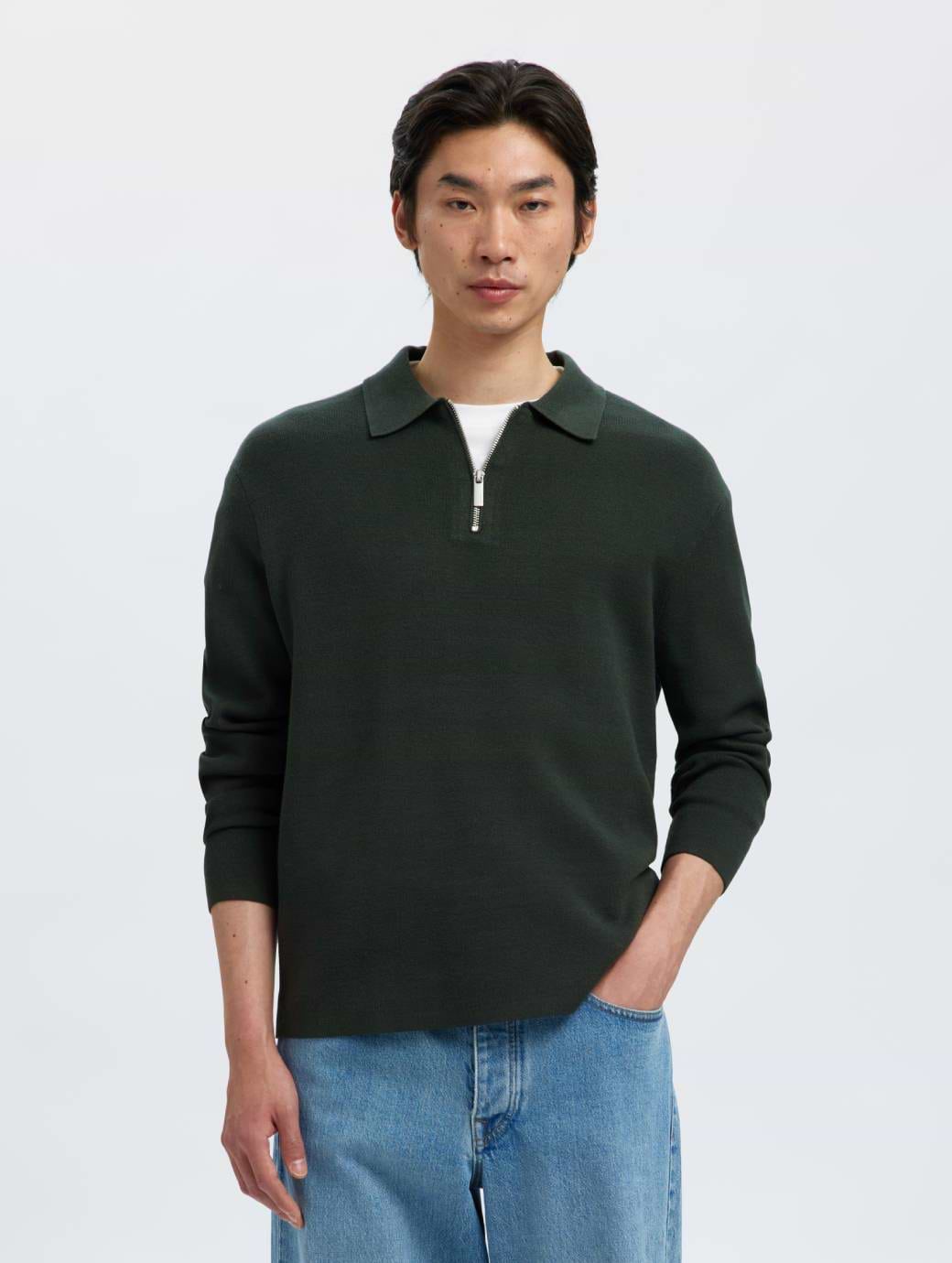 Selected Homme Teller Relaxed Fit Half Zip Polo Deep Forest
