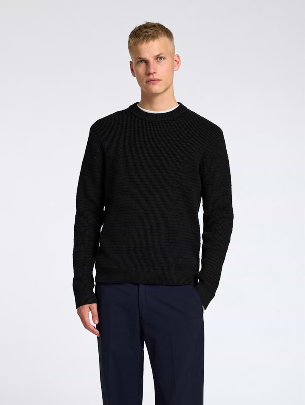 Selected Homme Theo Long Sleeve Knit Structure Crew Neck Black
