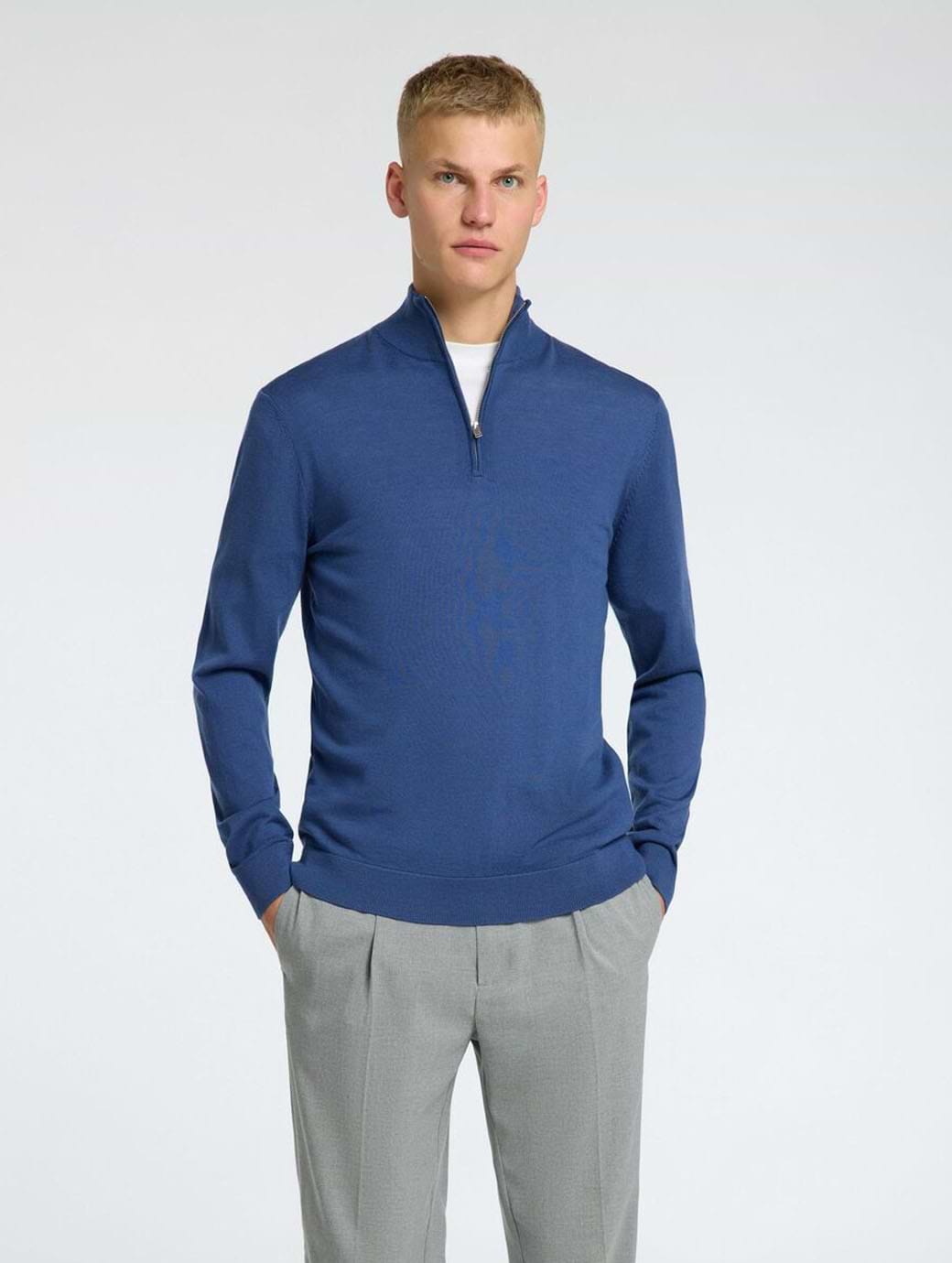 Selected Homme Tray Long Sleeve Knit Merino Half Zip Pullover Oceana