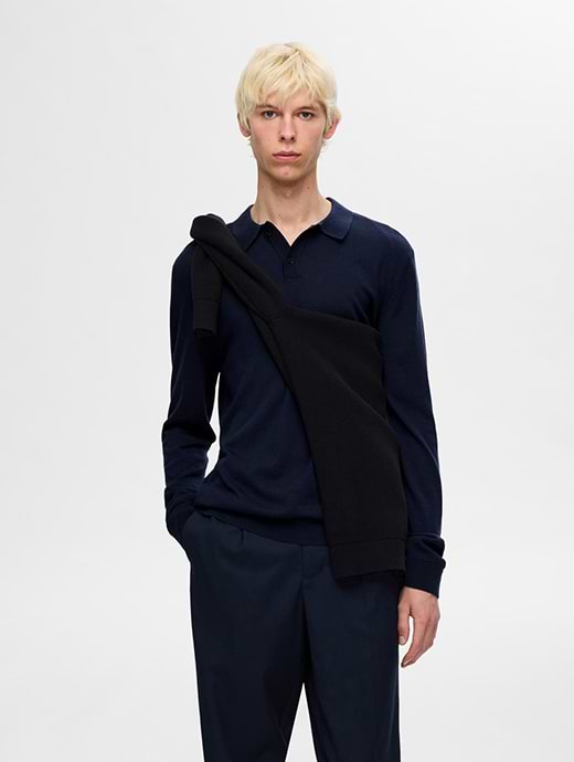 Selected Homme Tray Long Sleeve Knit Merino Polo Pullover Navy Blazer