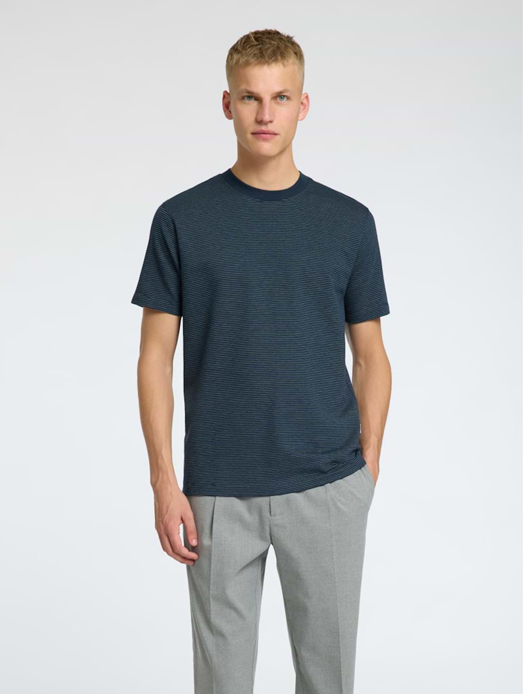 Selected Homme Wyatt Structure Stripe Short Sleeve O-Neck Tee Iceberg Green with Sky Captain Stripes
