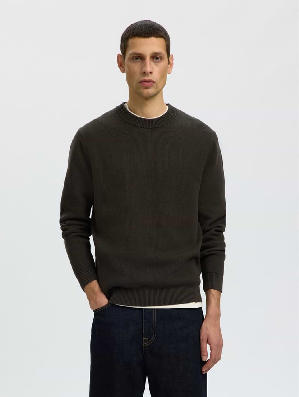 Selected Men's Dane Long Sleeve Knit Structure Crew Neck Peat