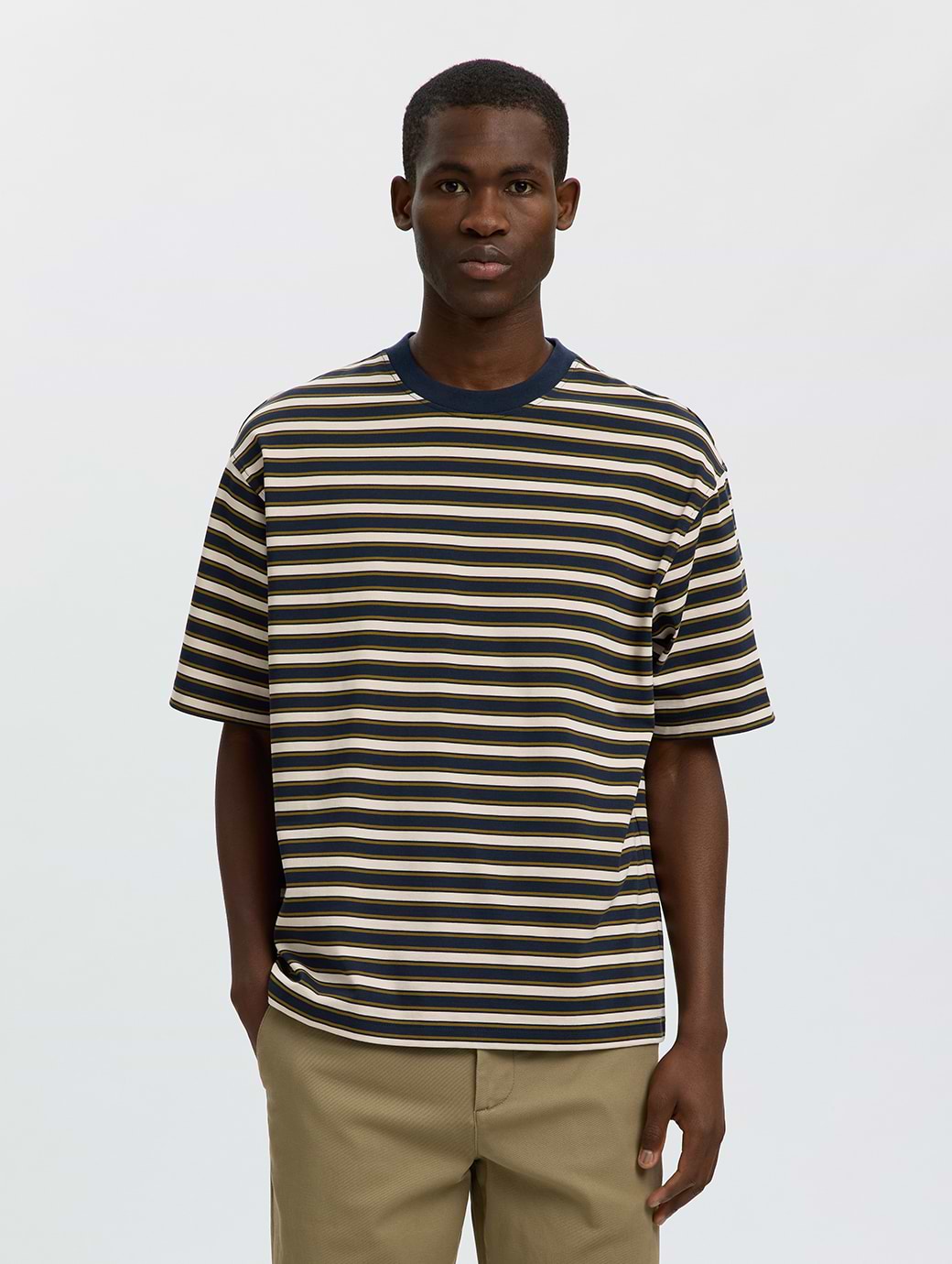 Selected Men's Relax Aspen 2-Ply Stripe Short Sleeve Shirt Sky Captain Oatmeal