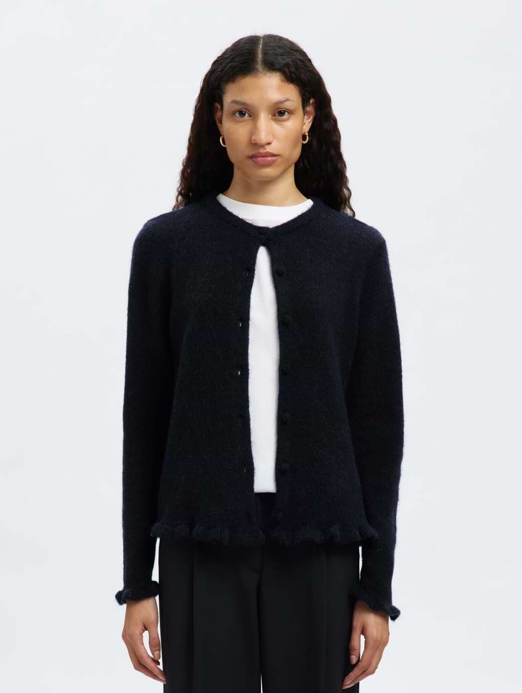 Selected Women's Lulu Frill Long Sleeve Knit Cardigan Dark Sapphire Melange