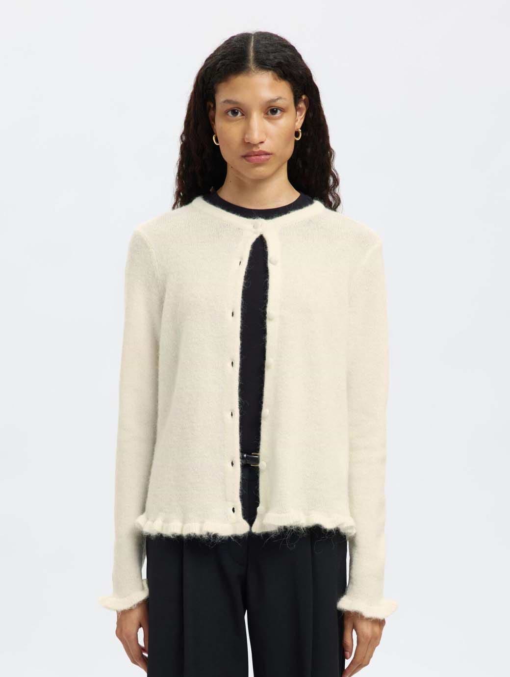 Selected Women's Lulu Frill Long Sleeve Knit Cardigan Snow White Melange