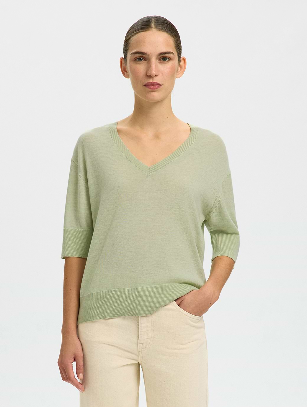 Selected Women's Thea Short Sleeve Knit Merino V-Neck Lint