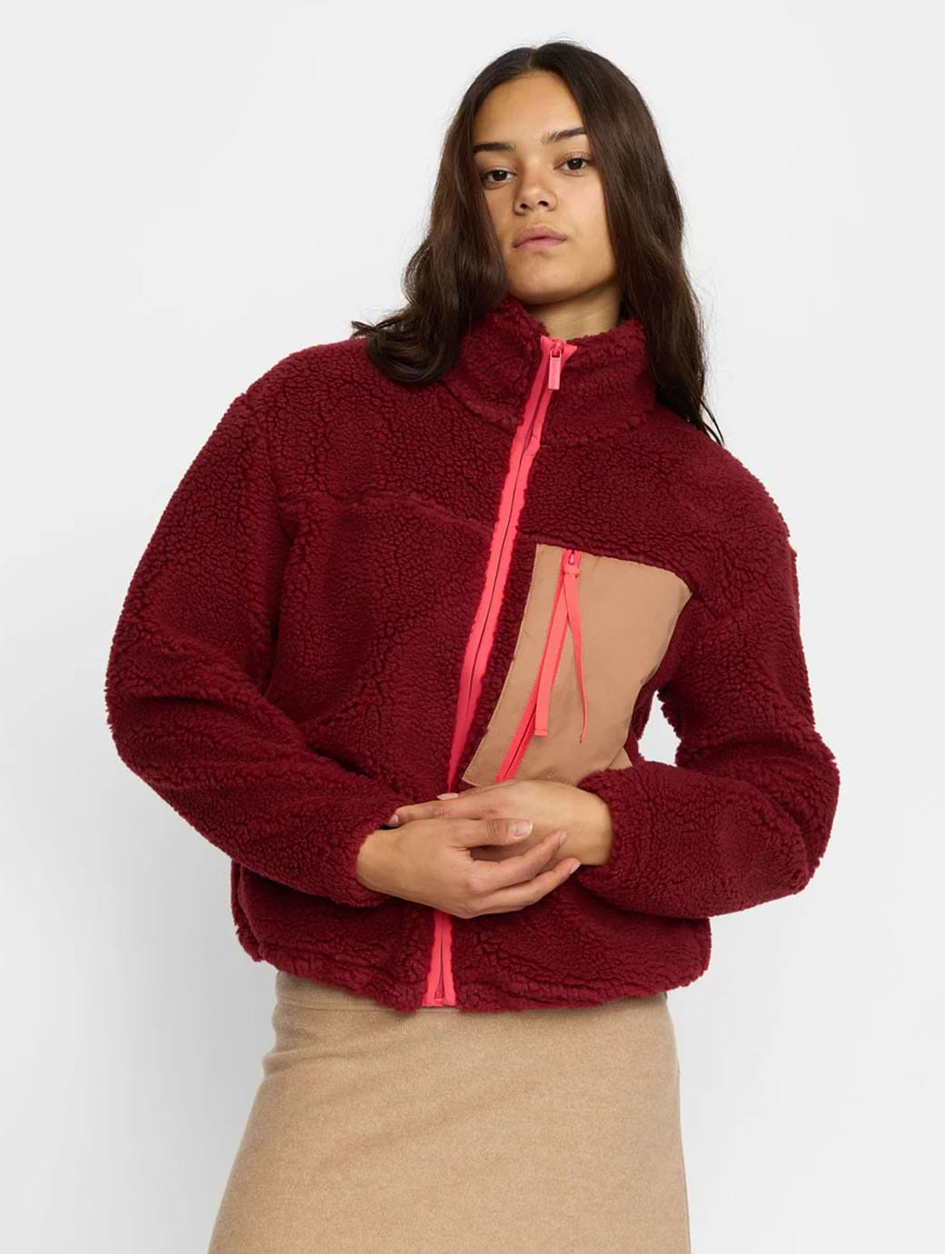 Selfhood Women's Pocket Teddy Jacket Burgundy