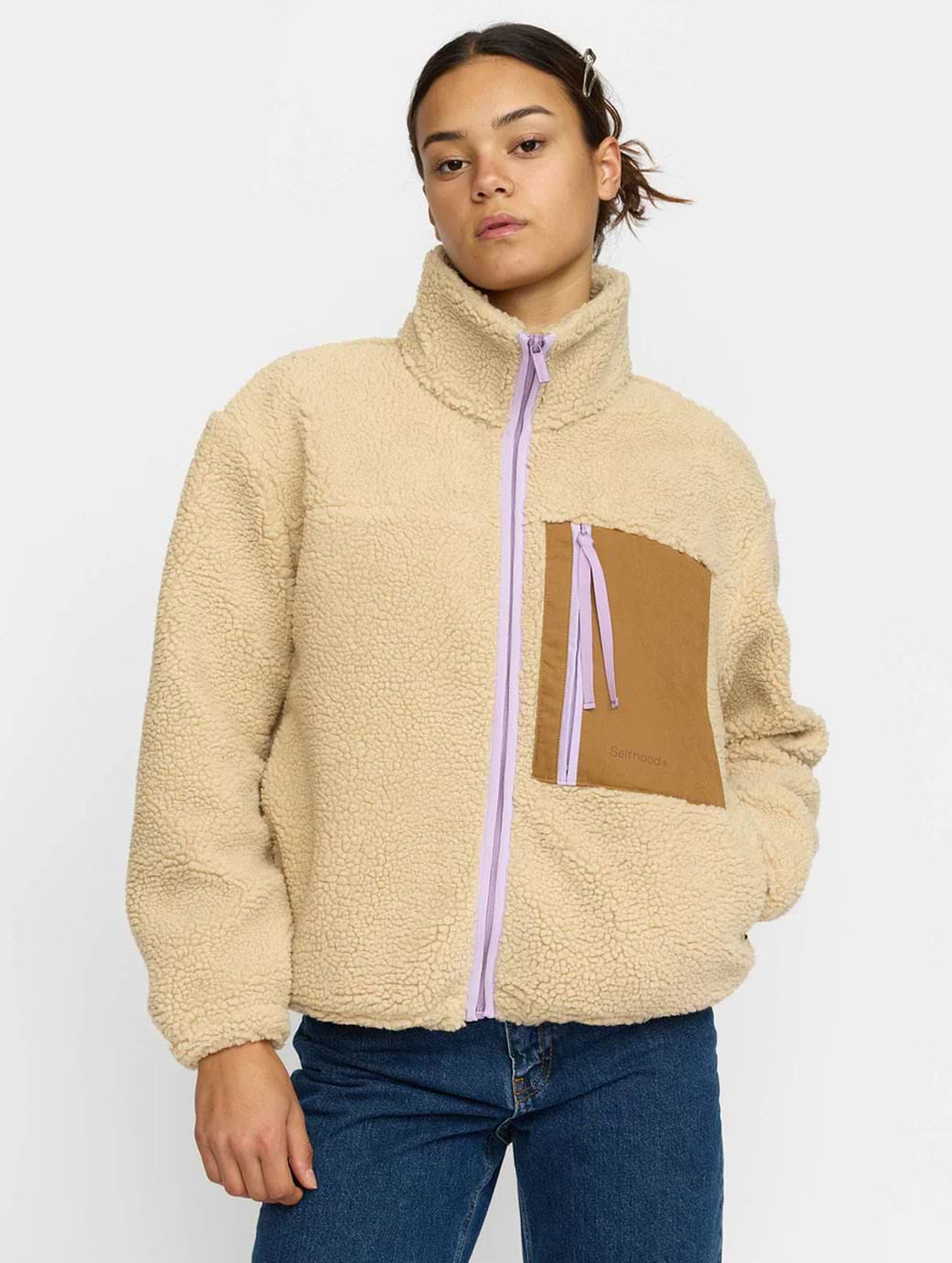 Selfhood Women's Pocket Teddy Jacket Offwhite