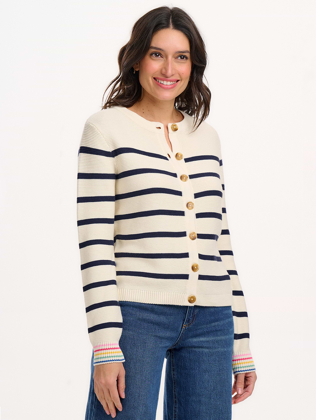 Sugarhill Anessa Cardigan Off-white/Navy Classic Stripe with Rainbow Cuffs