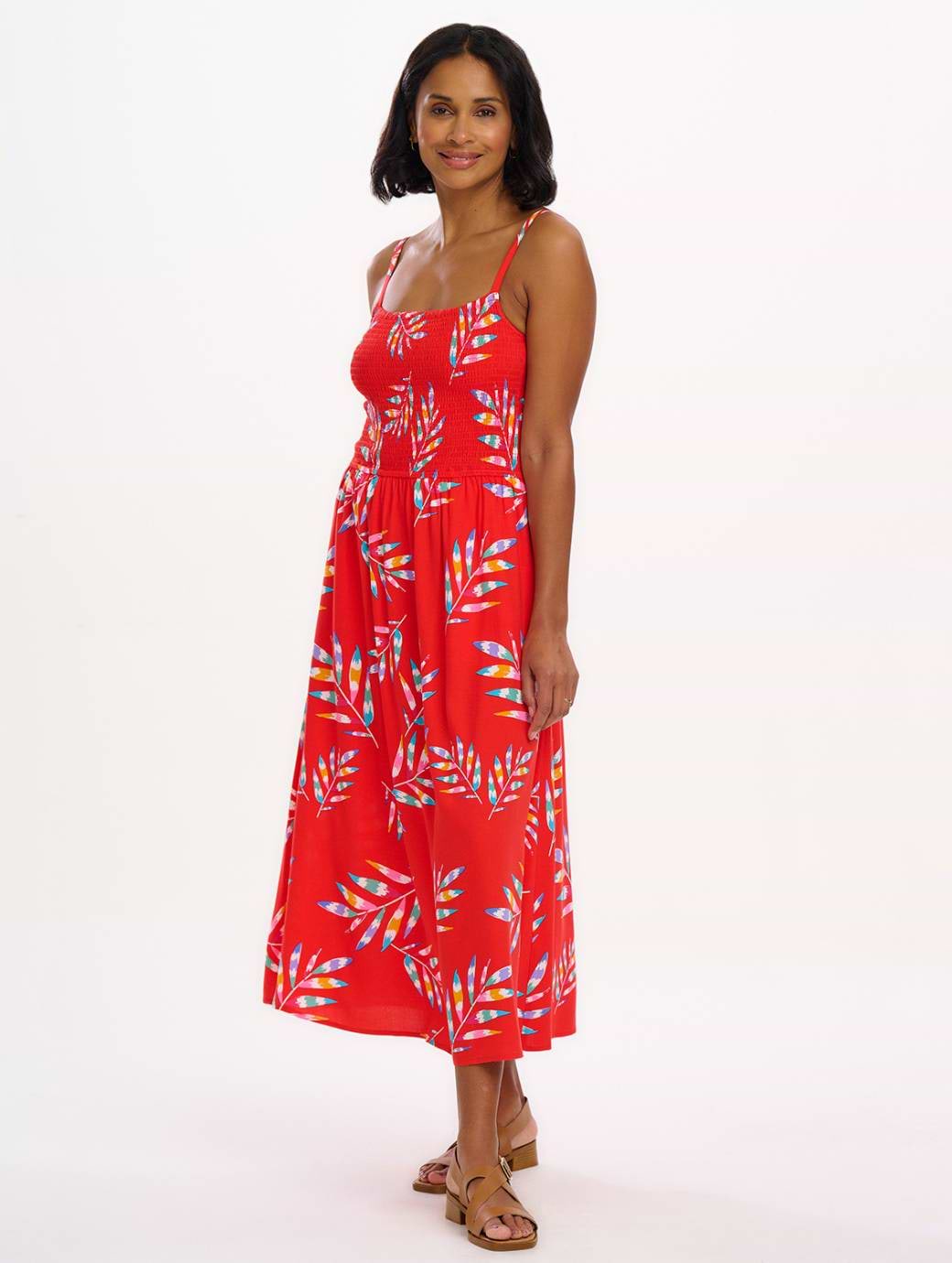 Sugarhill Christabel Shirred Midi Dress Red Rainbow Fronds