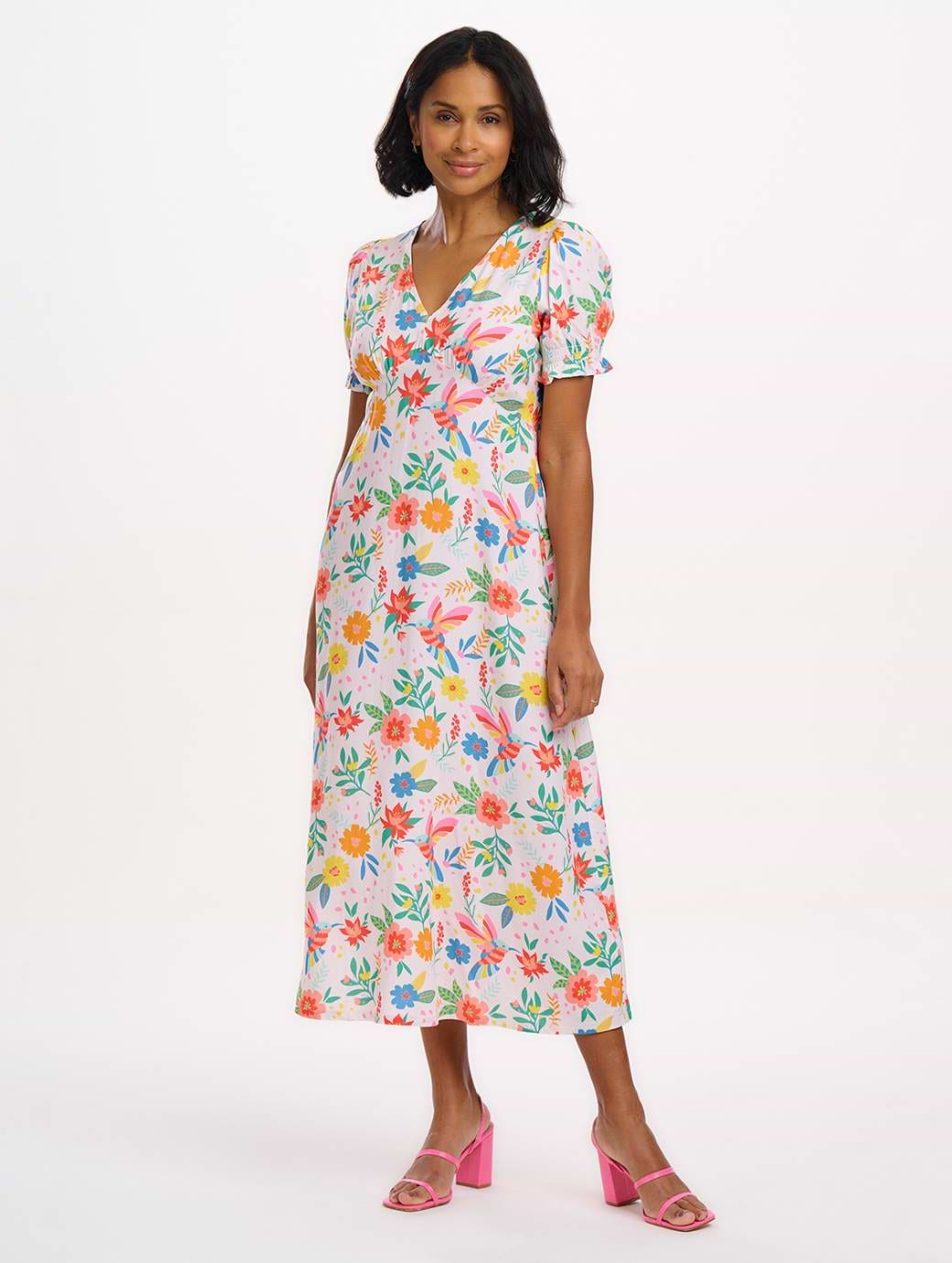 Sugarhill Maryjane Midi Dress Off-white Tropical Hummingbird