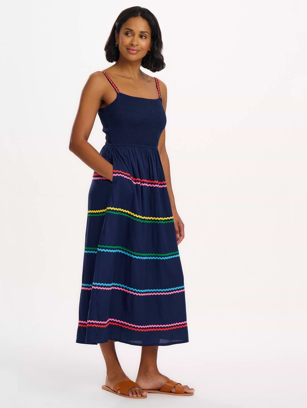 Sugarhill Penrose Shirred Sundress Navy Rainbow Ric Rac