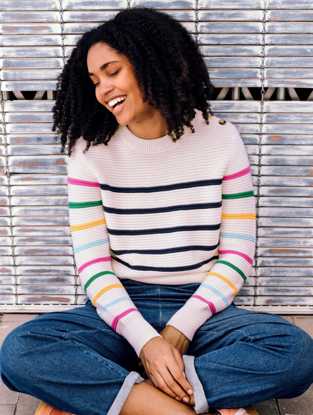 Sugarhill Rebecca Jumper Off-white/Navy Classic Stripe with Rainbow Sleeves