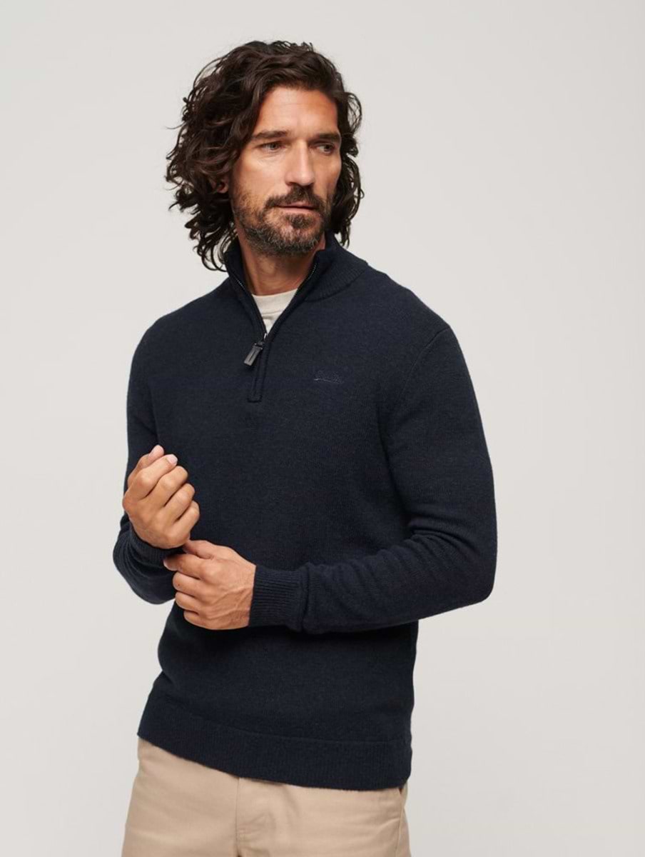 Superdry Men's Essential Embroidered Knit Half Zip Carbon Navy Marl