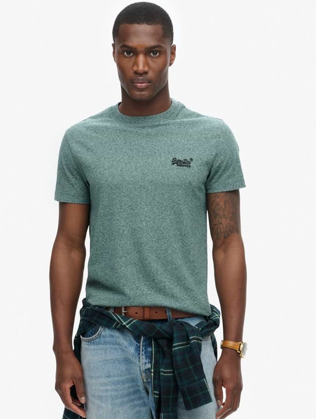Superdry Men's Essential Logo Embroidered Tee Mid Pine Green Grit