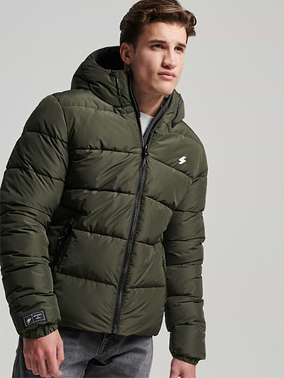 Superdry Men's Hooded Sports Puffer Jacket Dark Moss Green Superdry Men's Hooded Sports Puffer Jacket Dark Moss Green