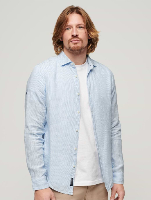 Superdry Men's Studios Casual Linen Long Sleeve Shirt Seafoam Blue Stripe 