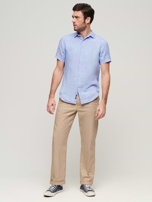 Superdry Men's Studios Casual Linen Short Sleeve Shirt Light Blue Chambray