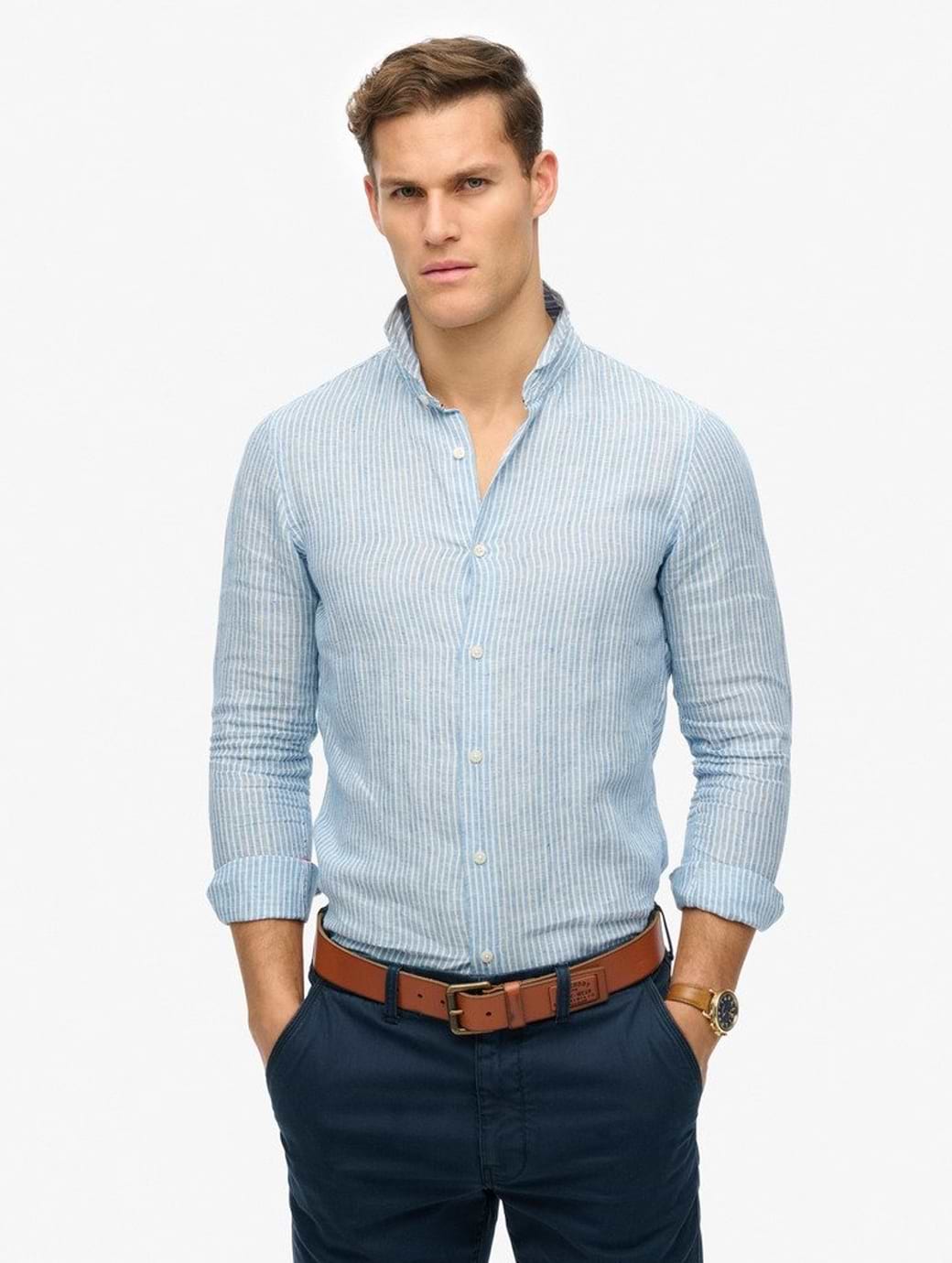 Superdry Men's Vacation Long Sleeve Linen Shirt Azure Blue Stripe