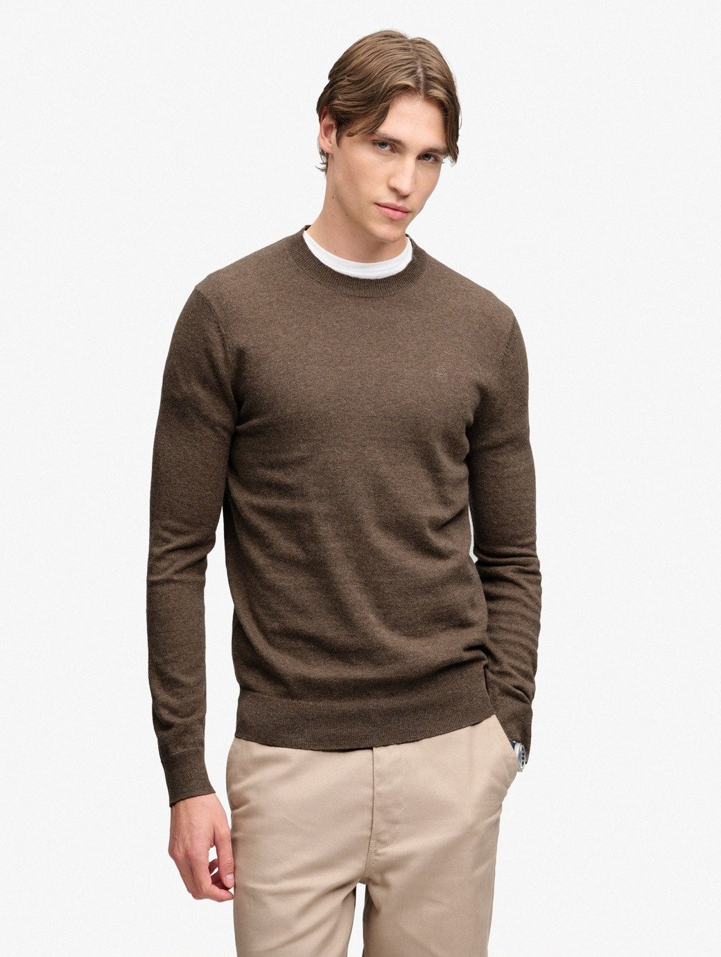 Superdry Men's Essential Lightweight Wool Blend Jumper Biscuit Brown Marl