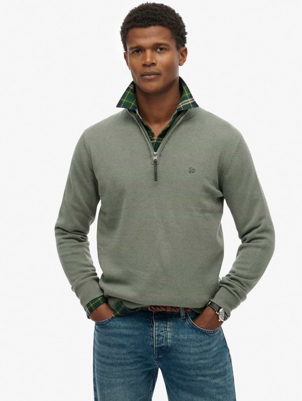 Superdry Men's Essentials Cotton Half Zip Lily Pad Green Marl