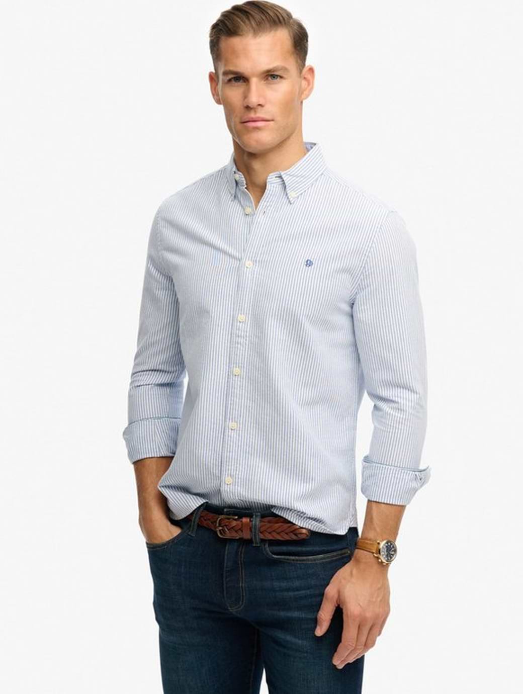 Superdry Men's Preppy Oxford Long Sleeve Shirt Azure Blue Chalk Stripe