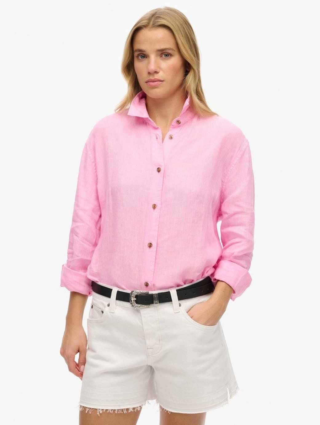 Superdry Women's Casual Linen Boyfriend Shirt Coastal Pink