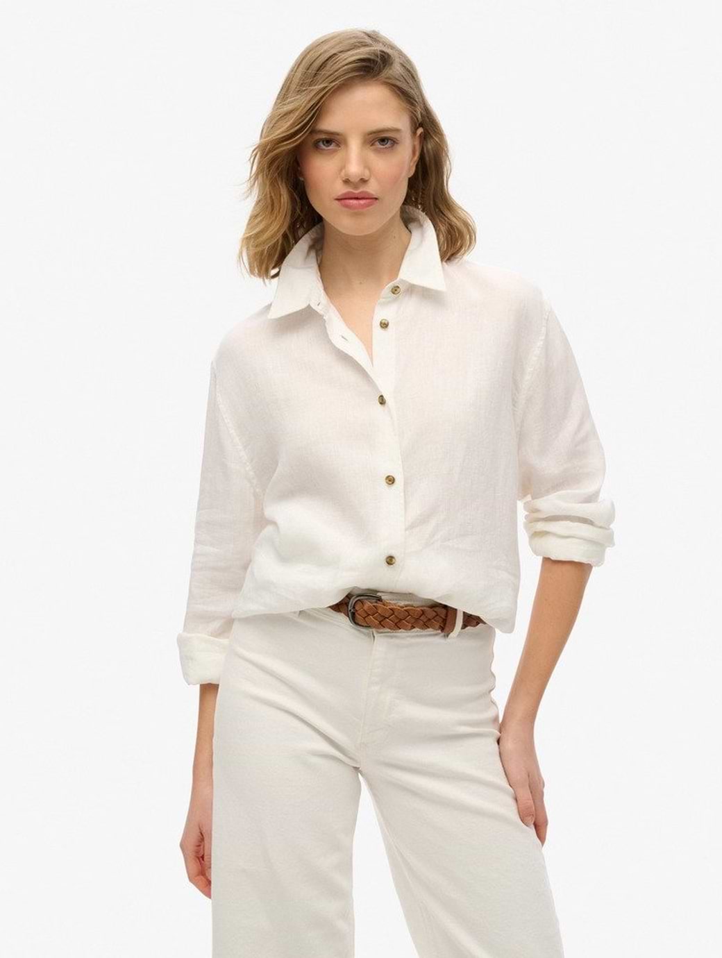 Superdry Women's Casual Linen Boyfriend Shirt Optic
