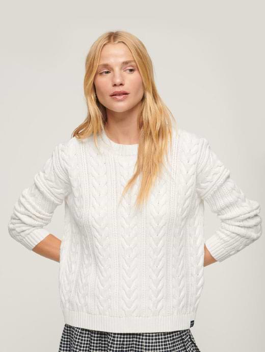 Superdry Women s Dropped Shoulder Cable Crew Jumper Winter White
