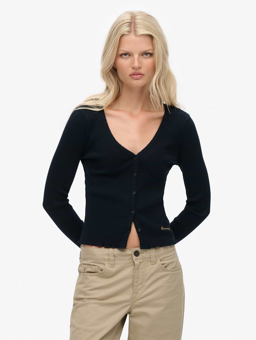 Superdry Women's Essential Button Thru Long Sleeve Top Eclipse Navy