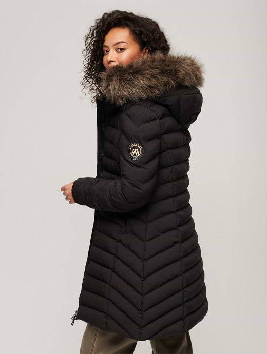 Superdry Women's Fuji Faux Fur Hood Mid Length Jacket Black