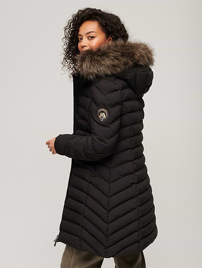 Superdry Women's Fuji Faux Fur Hood Mid Length Jacket Black Superdry Women's Fuji Faux Fur Hood Mid Length Jacket Black