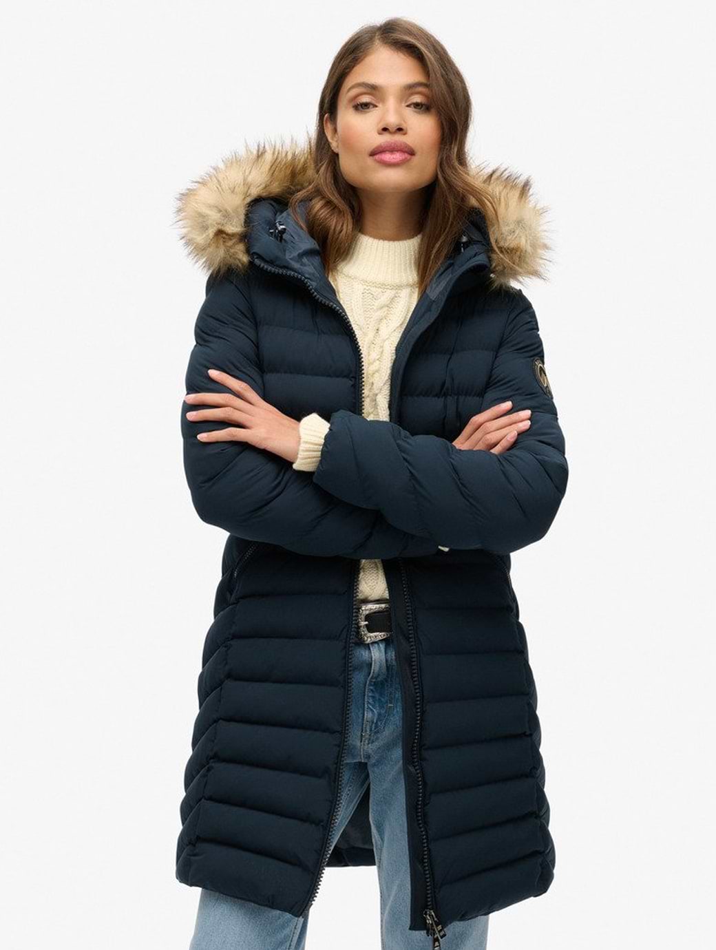 Superdry Women s Fuji Faux Fur Hood Mid Length Jacket Eclipse Navy