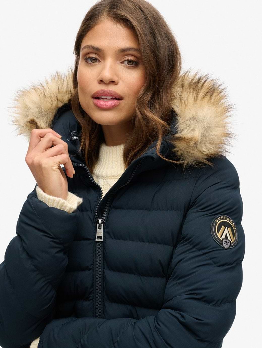 Superdry Women s Fuji Faux Fur Hood Mid Length Jacket Eclipse Navy